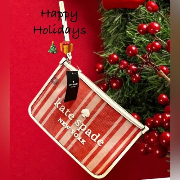 kate spade Wristlet Ella Lt Red/cream Mesh/white leather trim New with tags - Picture 1 of 11